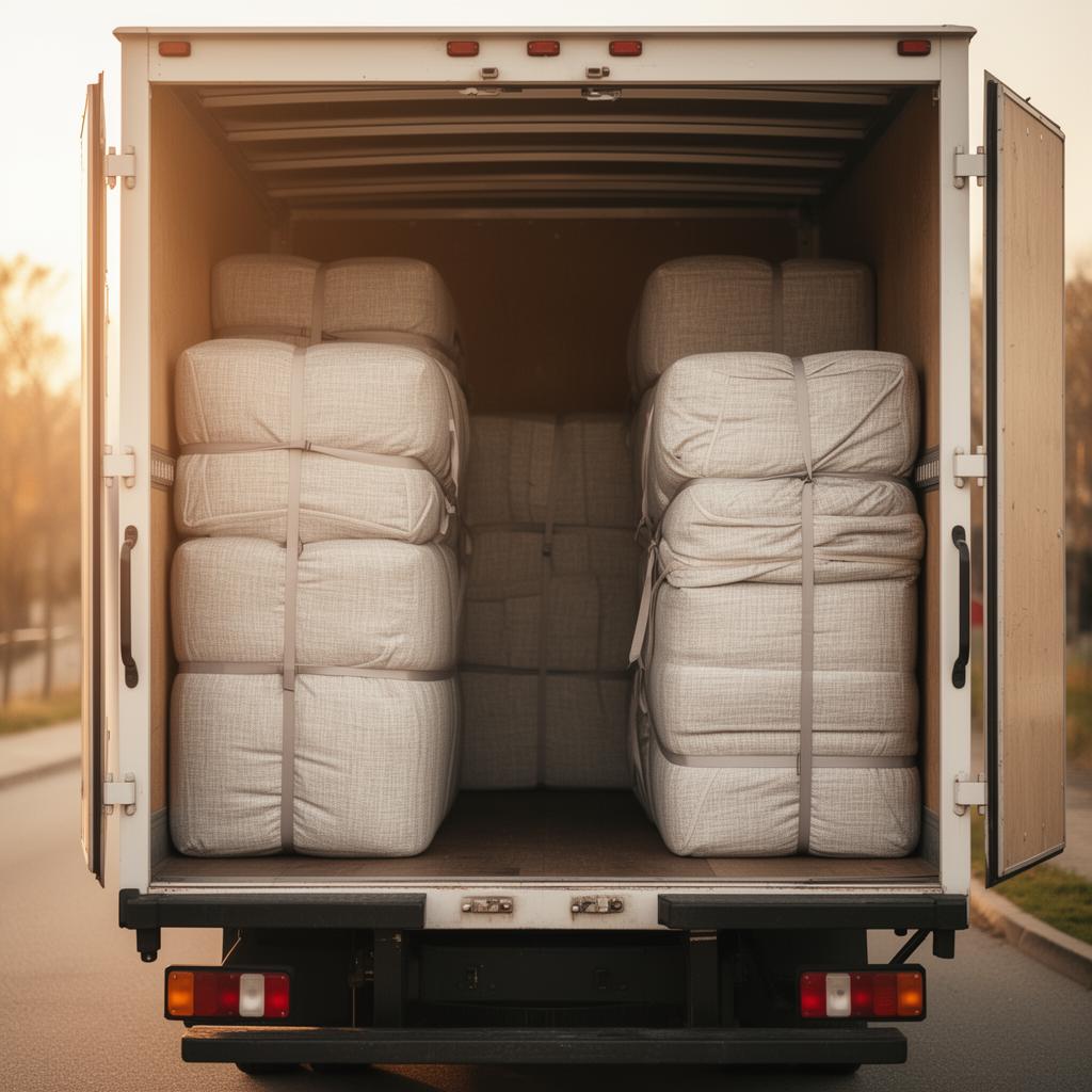 Designer furniture wrapped in moving blankets and neatly secured inside a Pope's Delivery truck