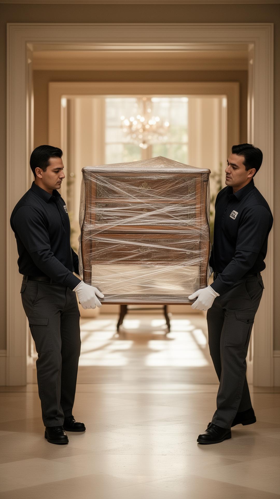 Pope's Delivery crew carefully carrying wrapped furniture into a high-end home